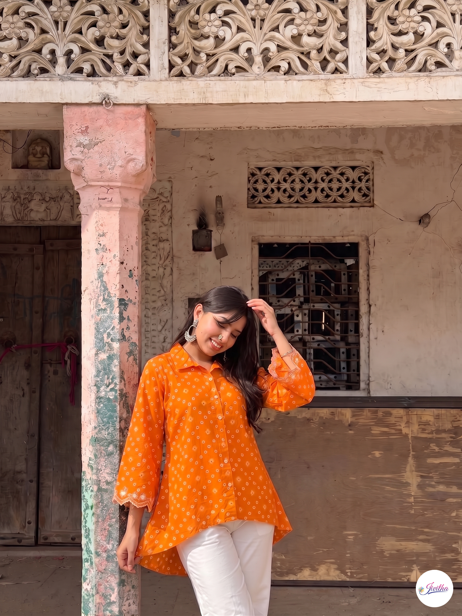 Electrifying Bandhani Print Embroidered Orange Shirt