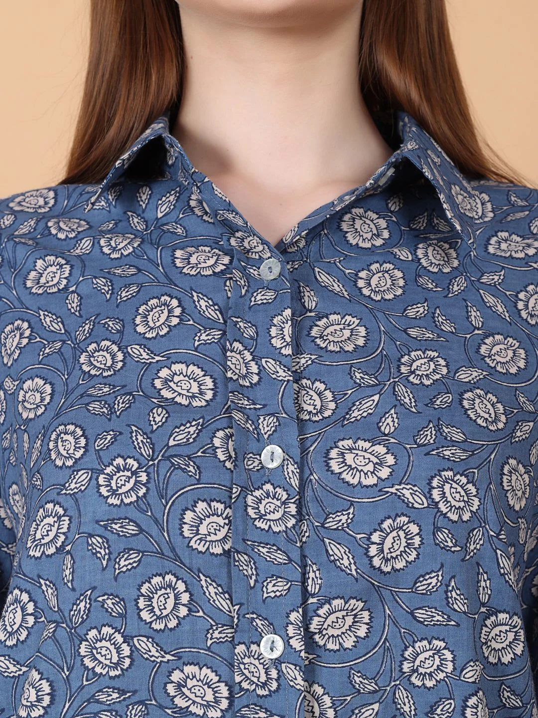 Flower print Blue Shirt button show