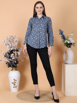 Flower print Blue Shirt Main Pose