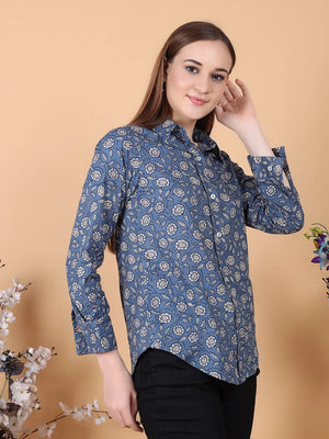 Flower print Blue Shirt Side Pose Close Up 2