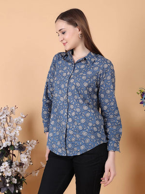 Flower print Blue Shirt Side Pose Close Up