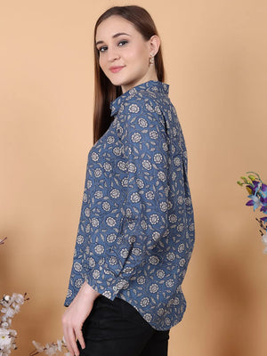 Flower Print Blue Shirt Side Pose Sleeves