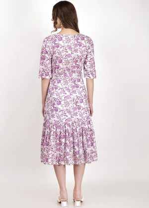Purple Flower Print Long Dress Back Pose