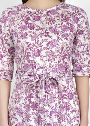 Purple Flower Print Long Dress Close Neck Pose