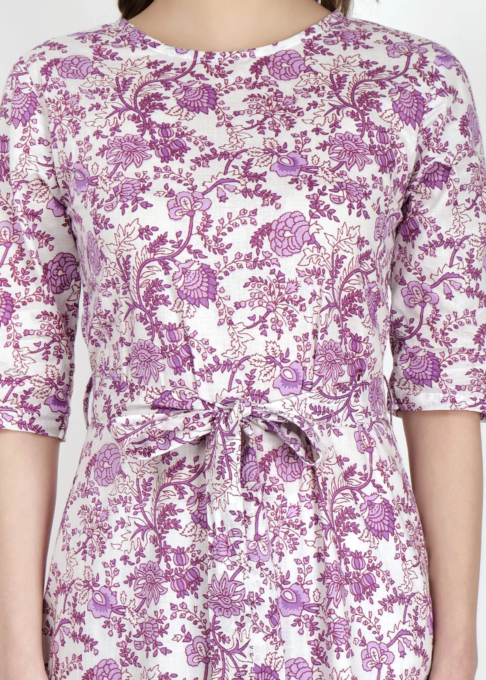 Purple Flower Print Long Dress Close Neck Pose