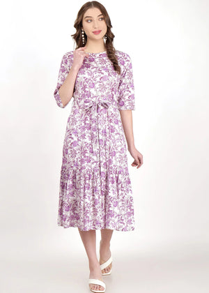 Purple Flower Print Long Dress Front Pose