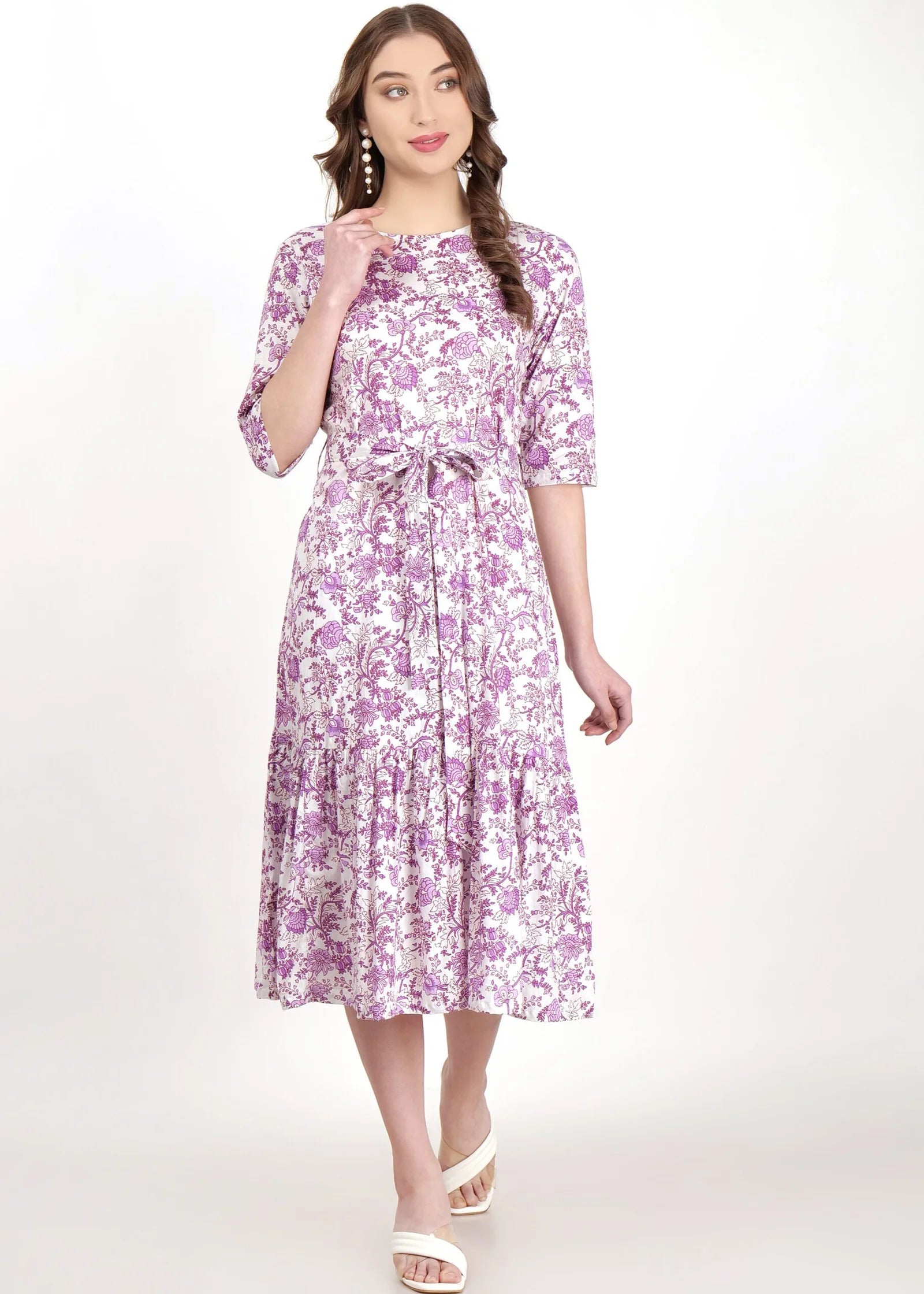 Purple Flower Print Long Dress Front Pose