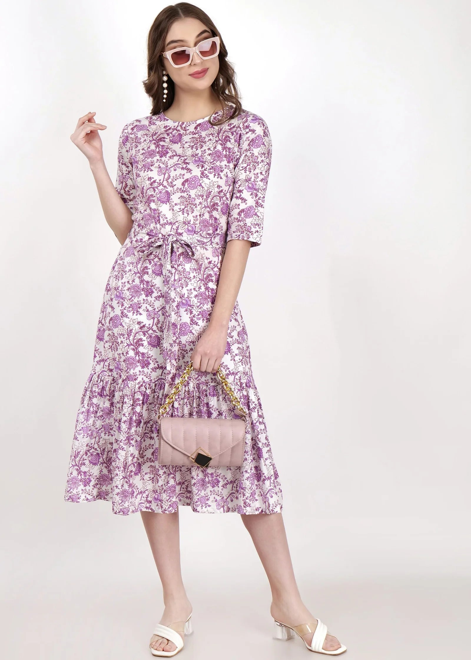 Purple Flower Print Long Dress Main Pose
