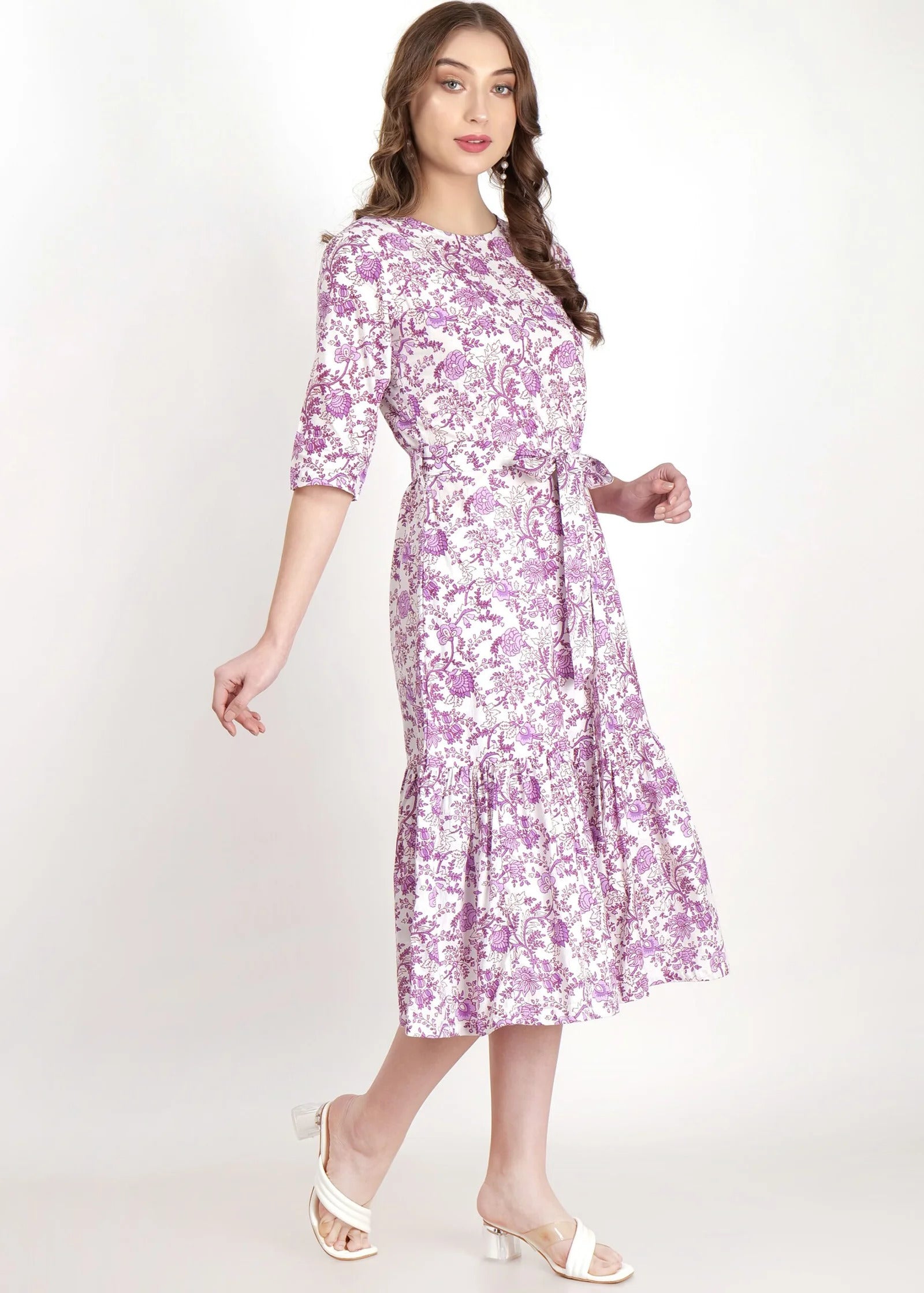 Purple Flower Print Long Dress Side Pose 1