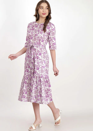 Purple Flower Print Long Dress Side Pose 2