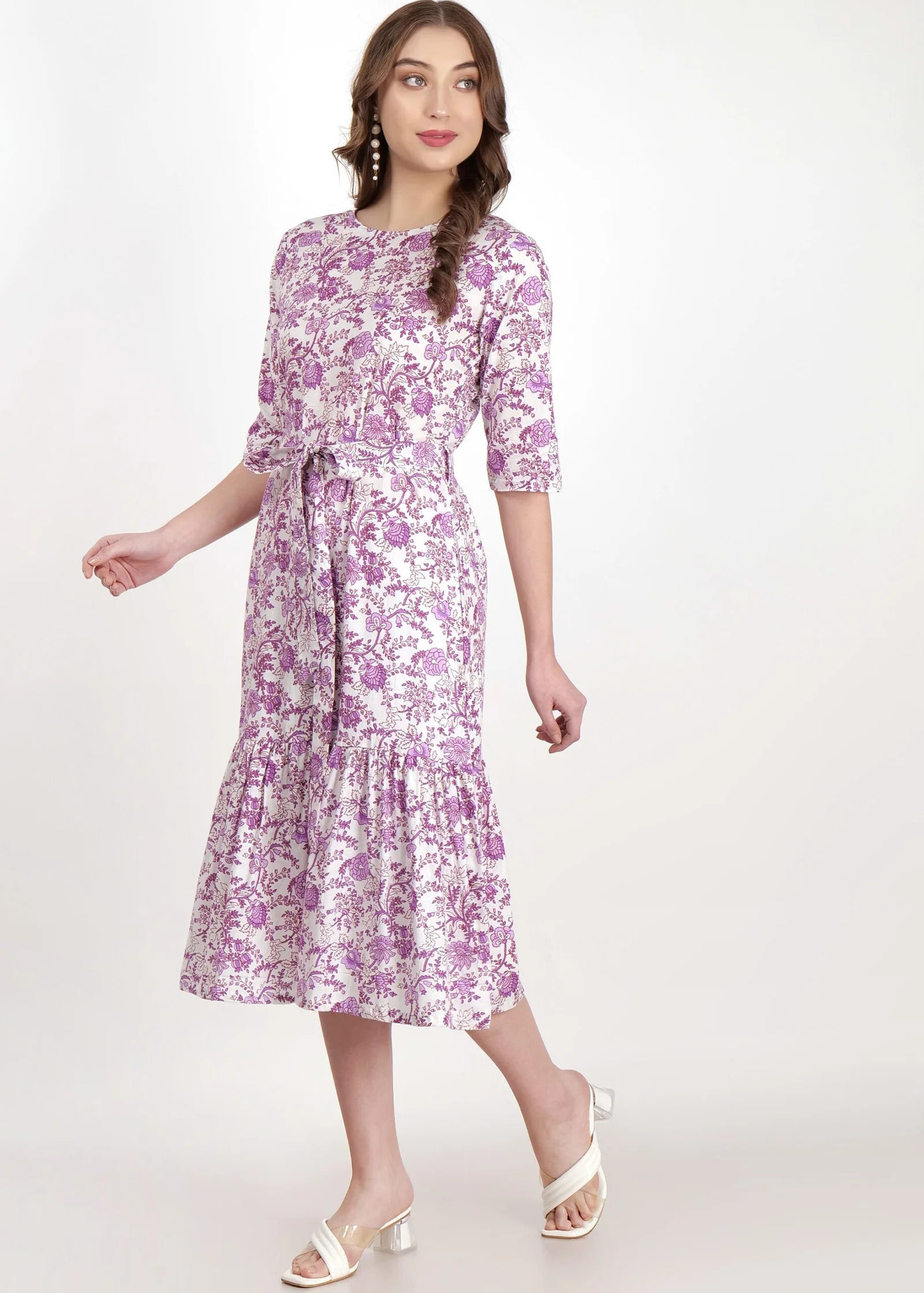 Purple Flower Print Long Dress Side Pose 2