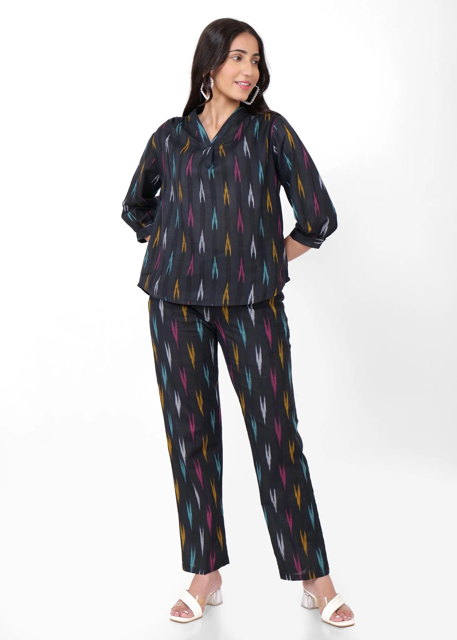 Black Ikkat Multi Colour Coord Set Front Pose 1