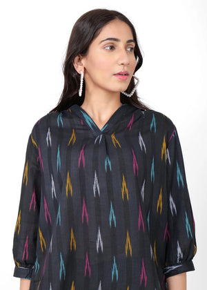 Black Ikkat Multi Colour Coord Set Neck Line