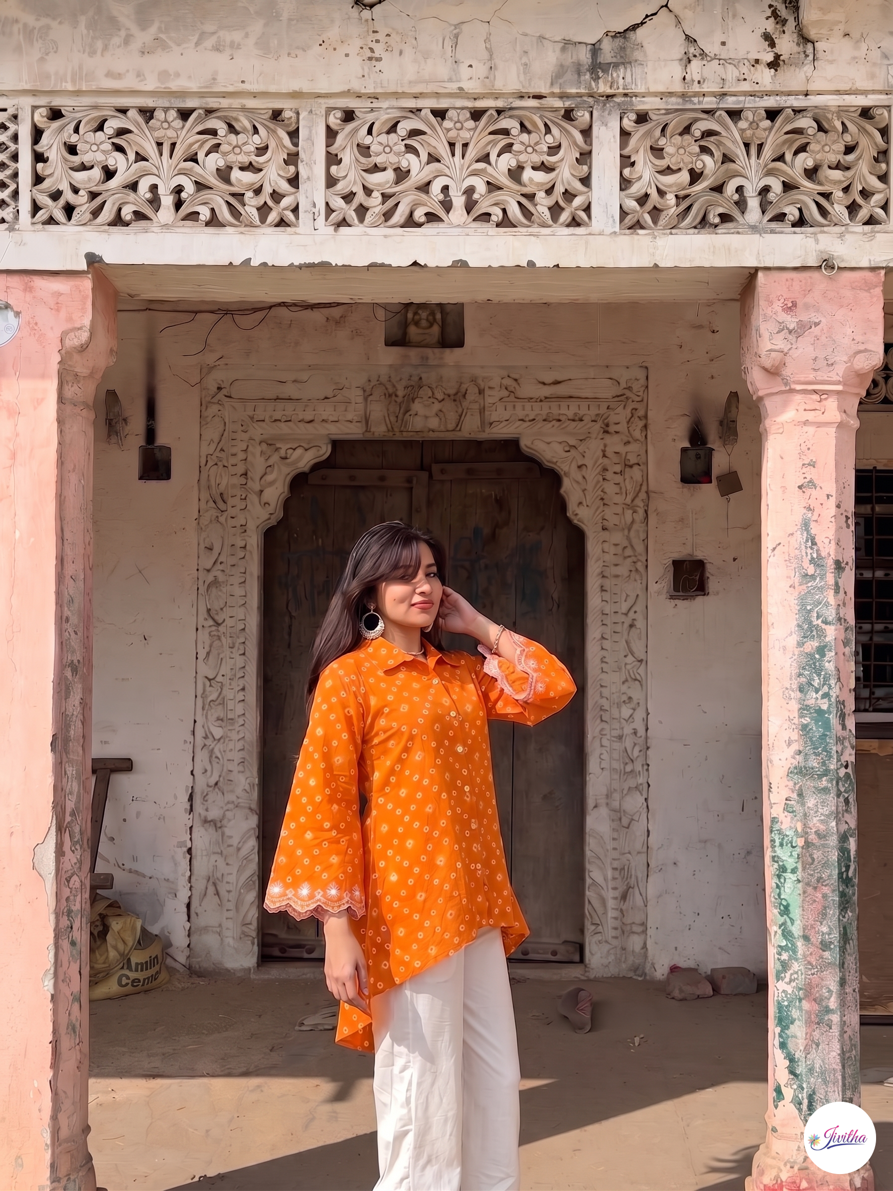 Electrifying Bandhani Print Embroidered Orange Shirt