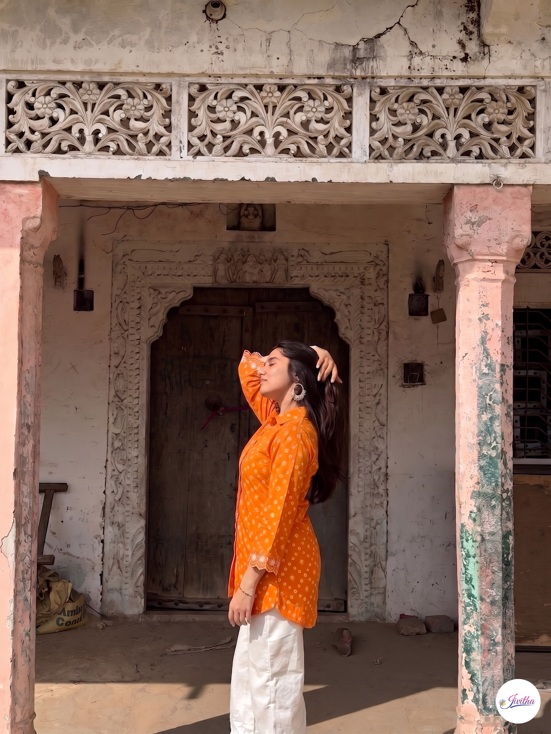 Electrifying Bandhani Print Embroidered Orange Shirt