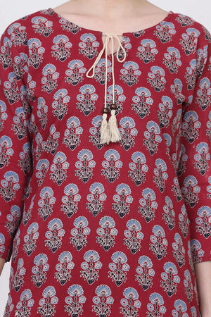 Red Ajrakh close Neck Front Side Pose