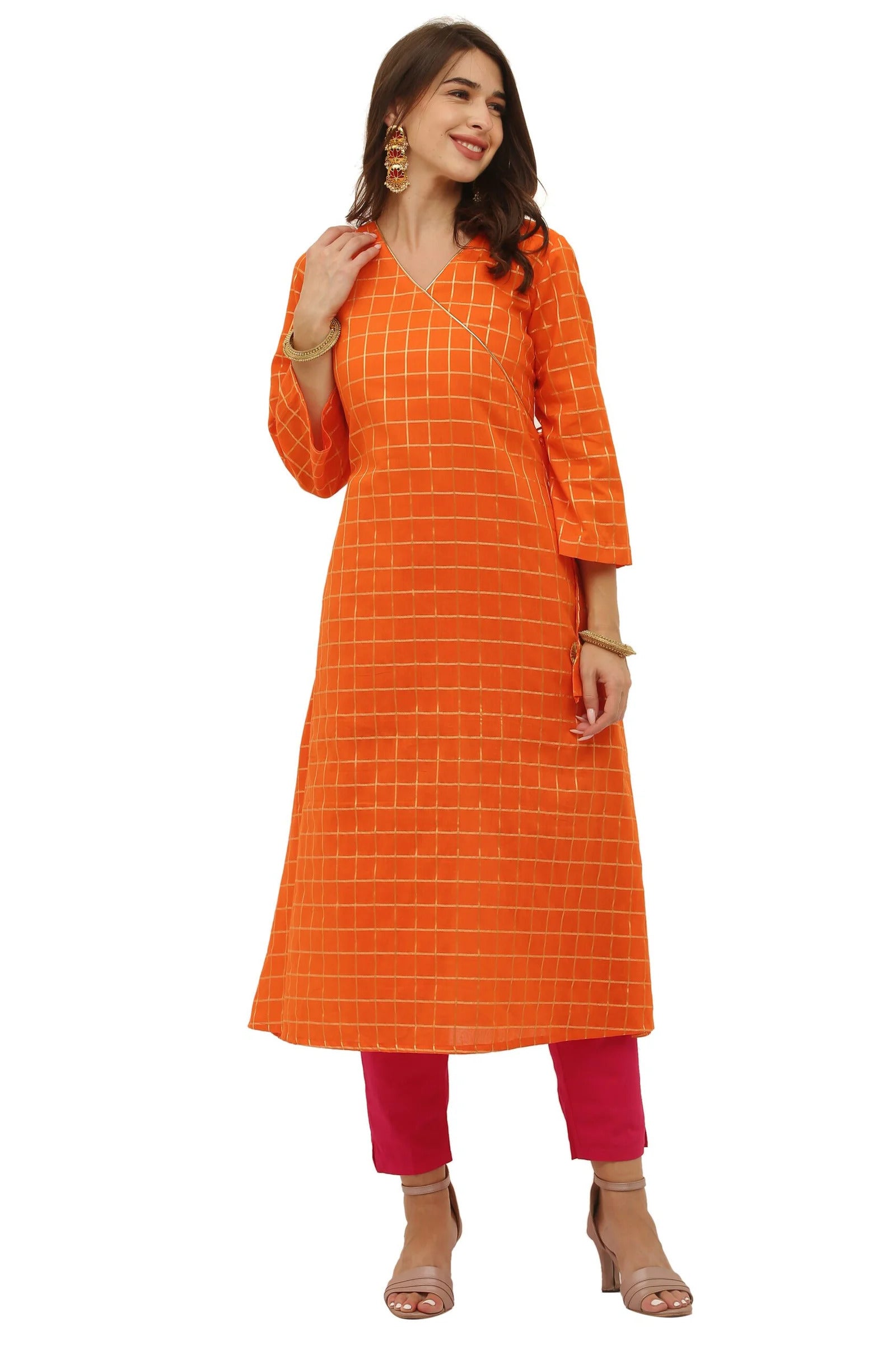 Red Cotton Angrakha Style Kurta