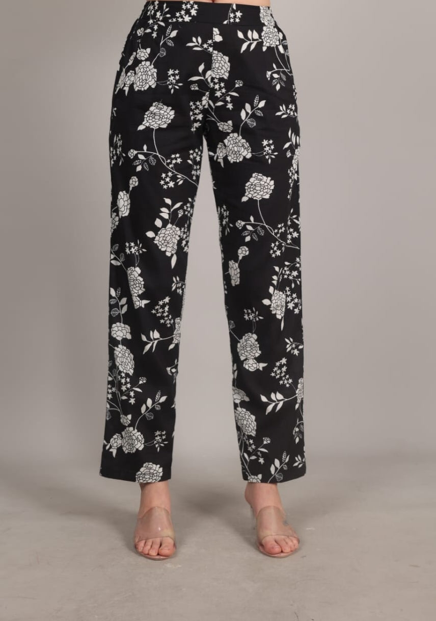 Black Printed Cotton Regular Fit Pant