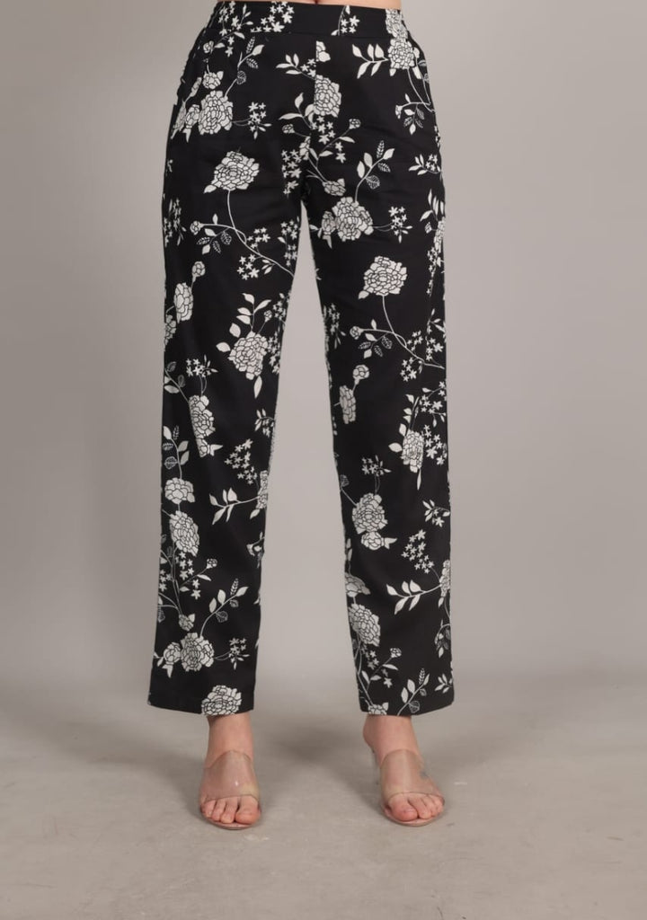 Black Printed Cotton Regular Fit Pant