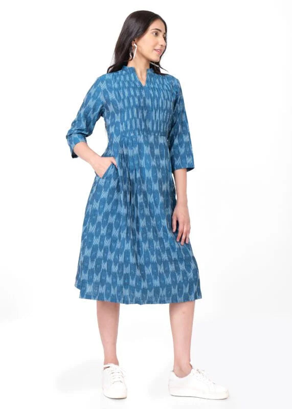 Blue Pintex Yoke Ikkat Cotton Midi Dress