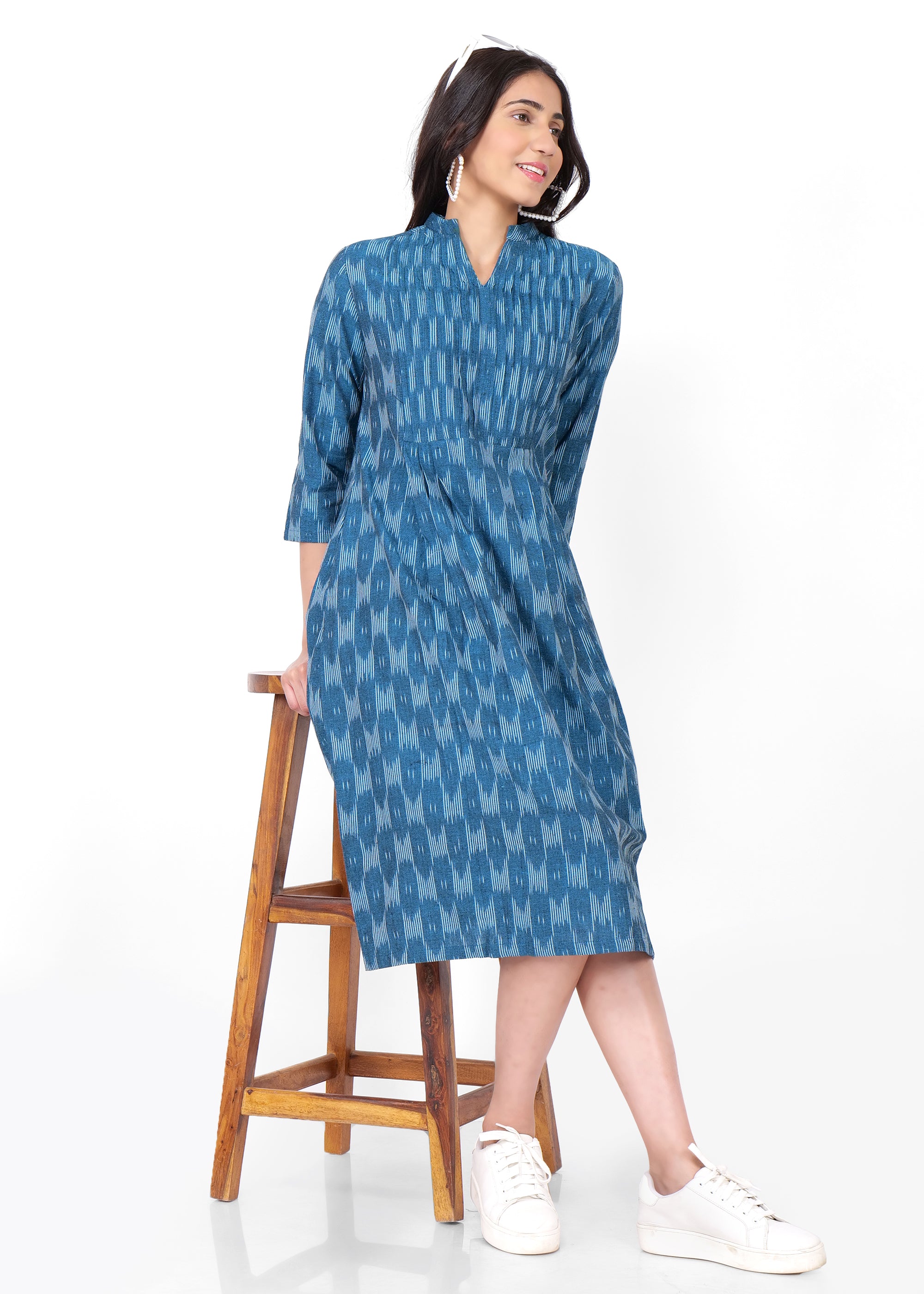 Ikkat Pintex Yoke Midi Dress