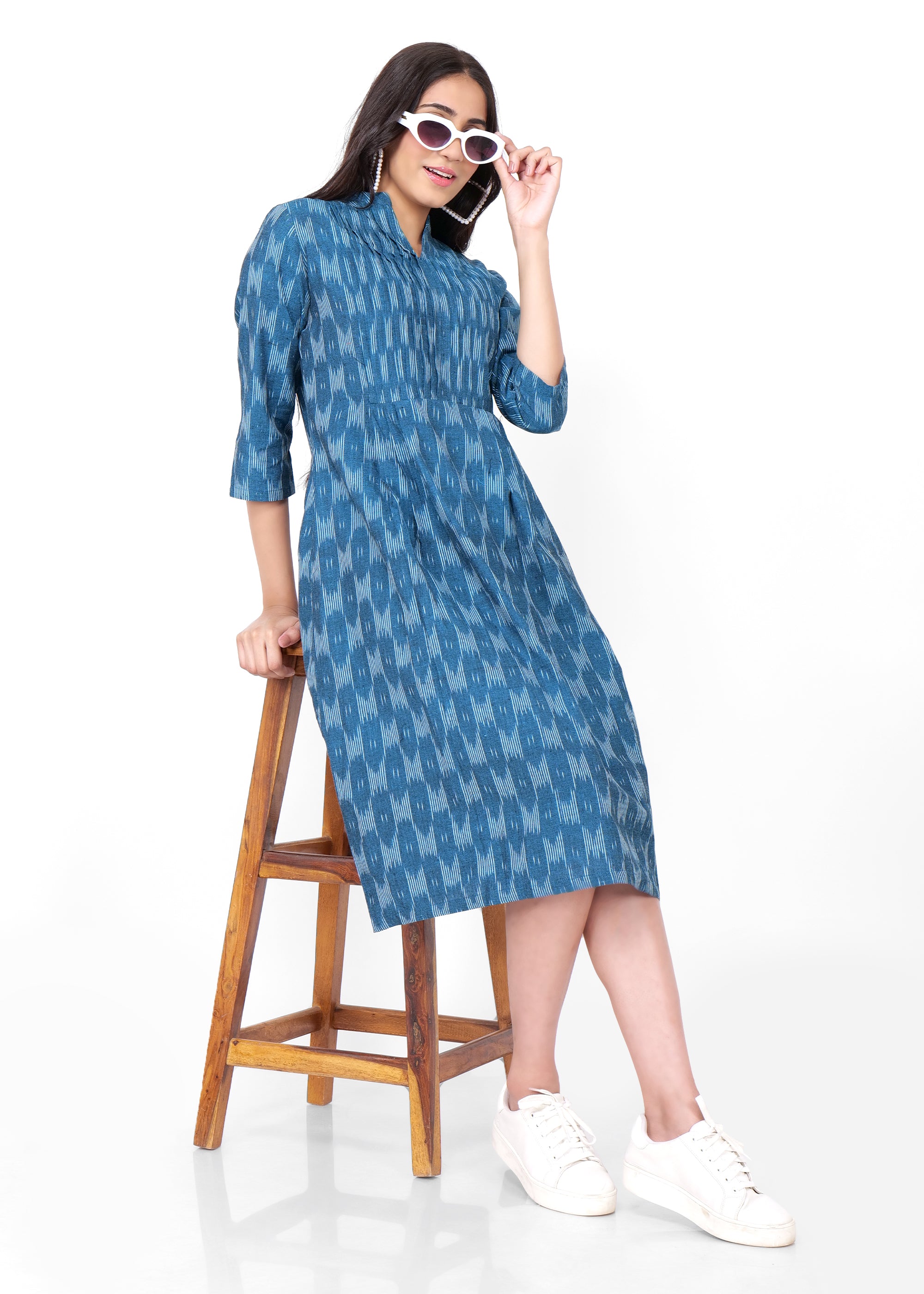 Ikkat Pintex Yoke Midi Dress