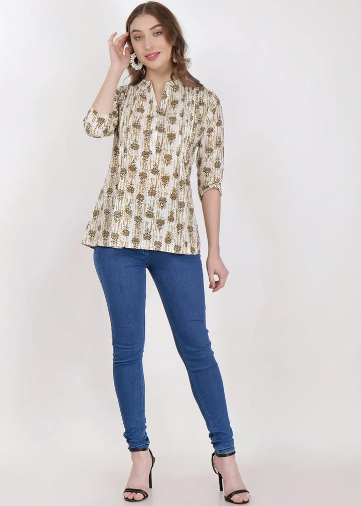 Mustard Pintex Cotton Short Kurti