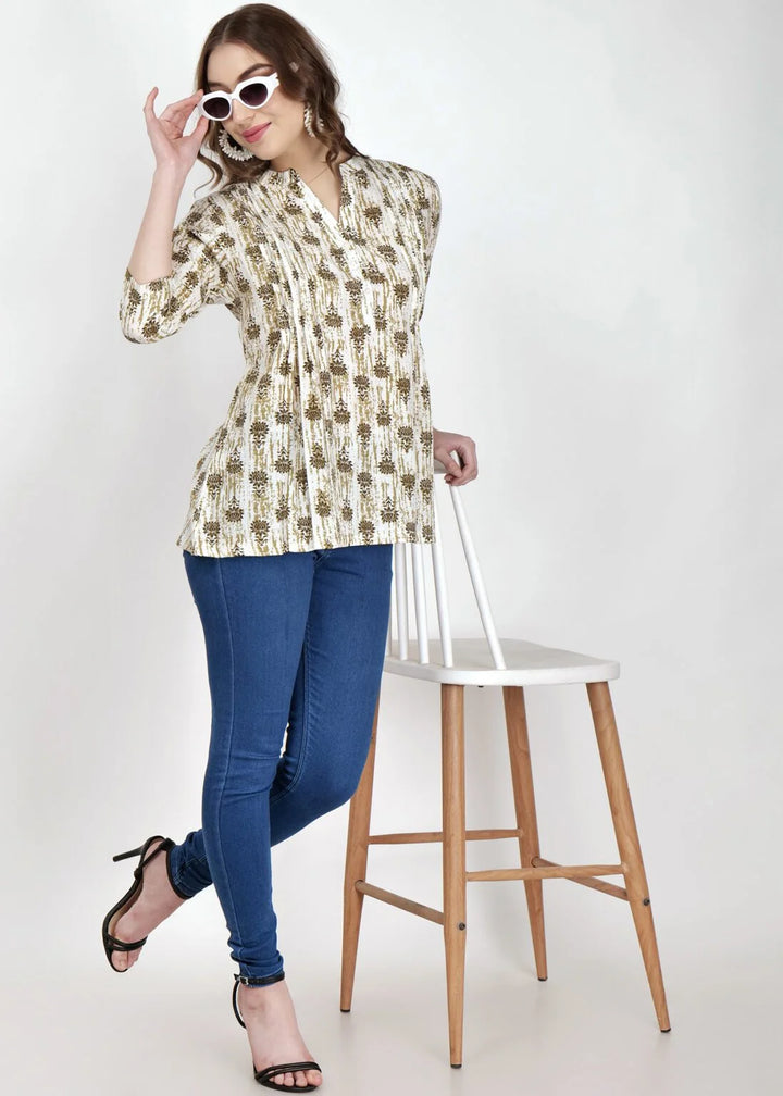 Mustard Pintex Cotton Short Kurti