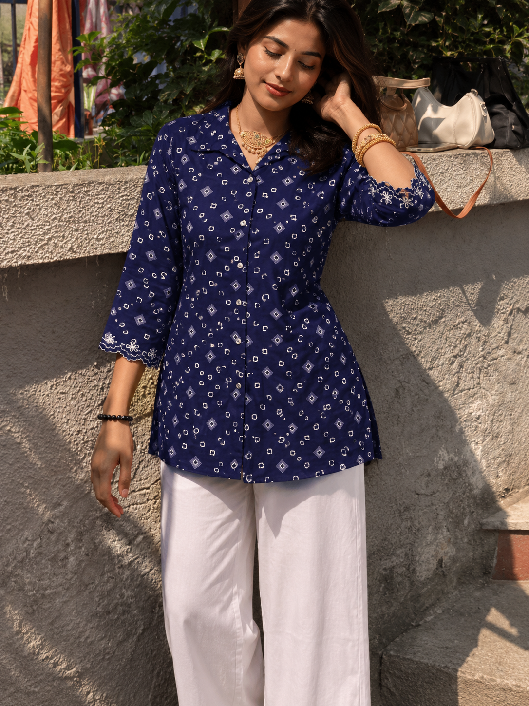 Indigo Bandhani Embroidered Cotton Shirt