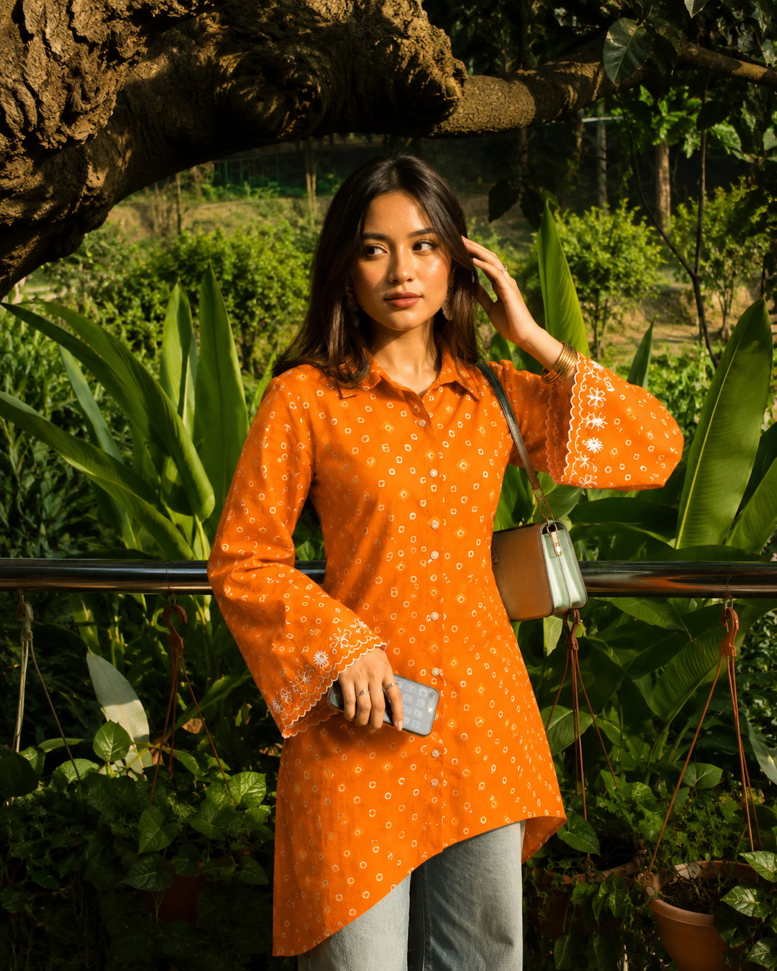 Electrifying Bandhani Print Embroidered Orange Shirt