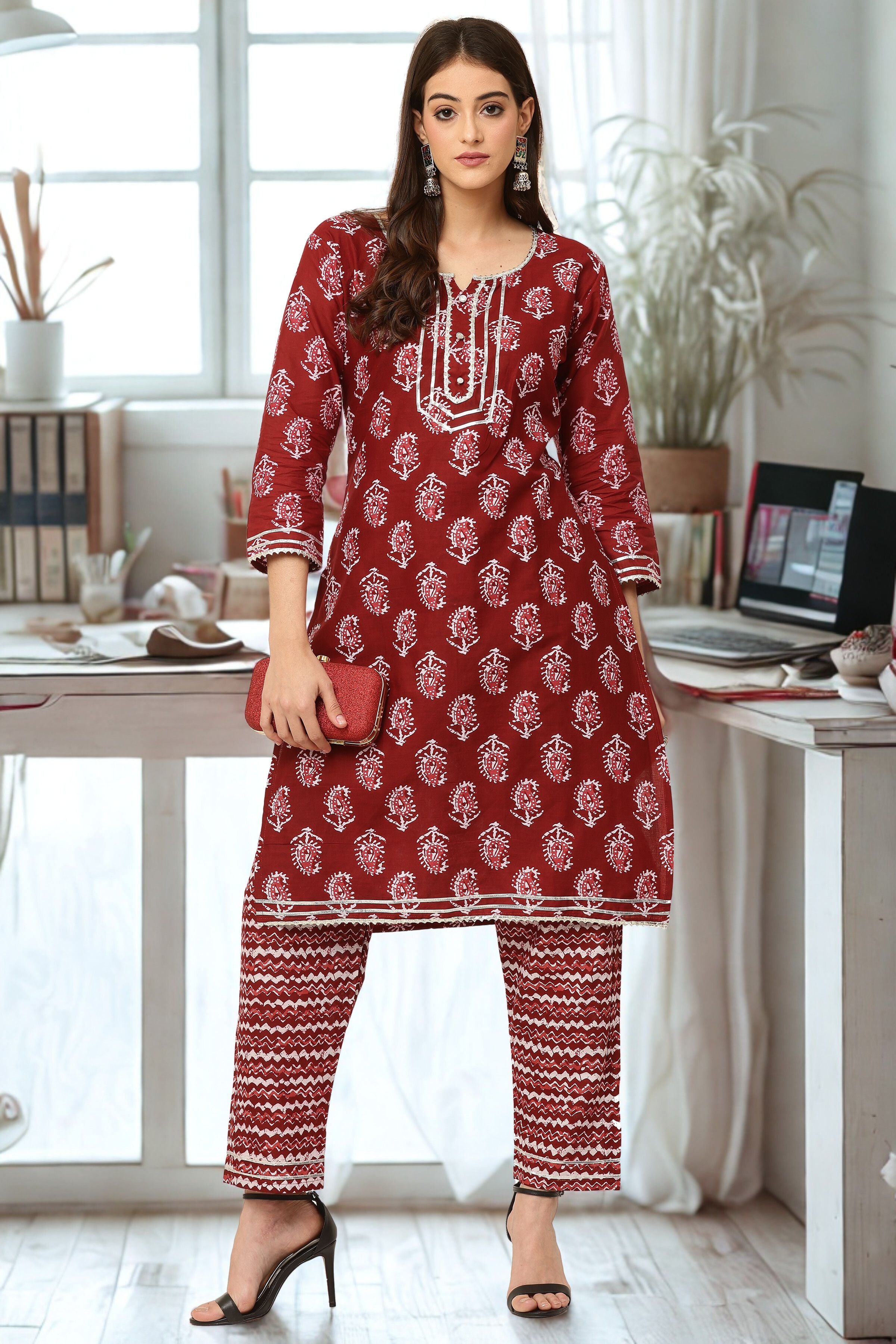 Cotton Jaipuri Print Maroon Coord Set