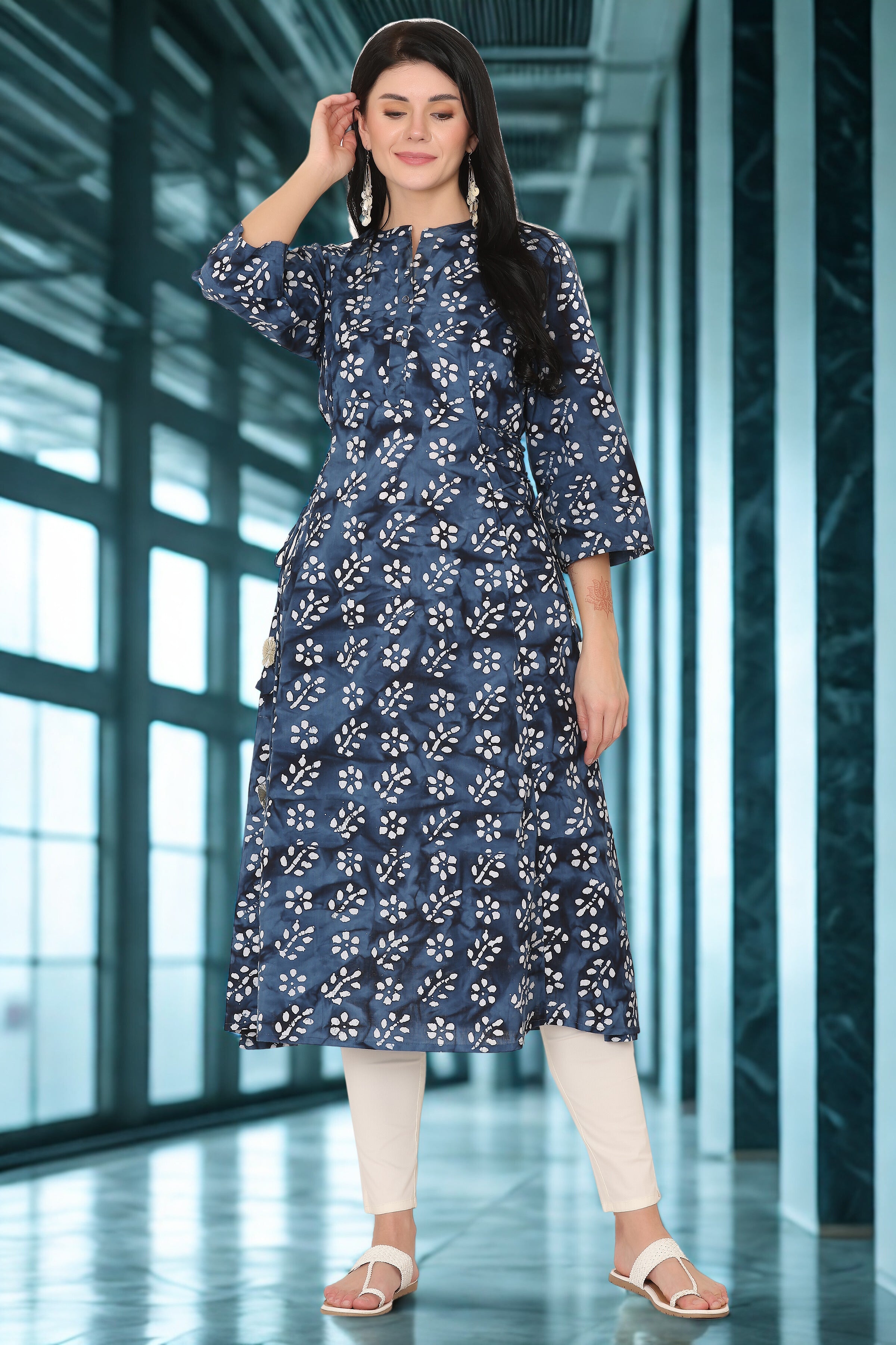 Batik Print Flaired A Line Long Kurta cum Dress