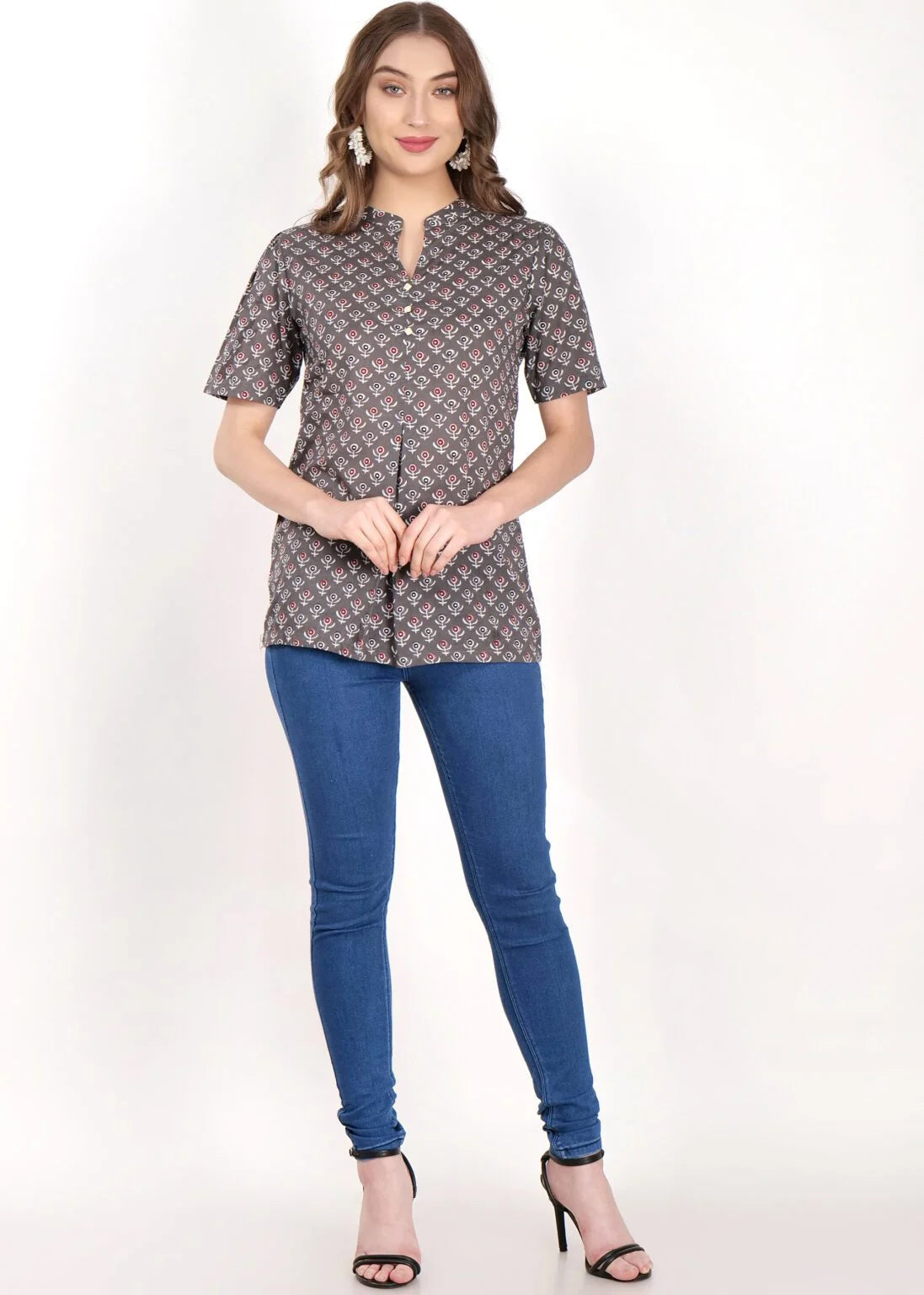 Grey Cotton Box Pleated Short Kurti