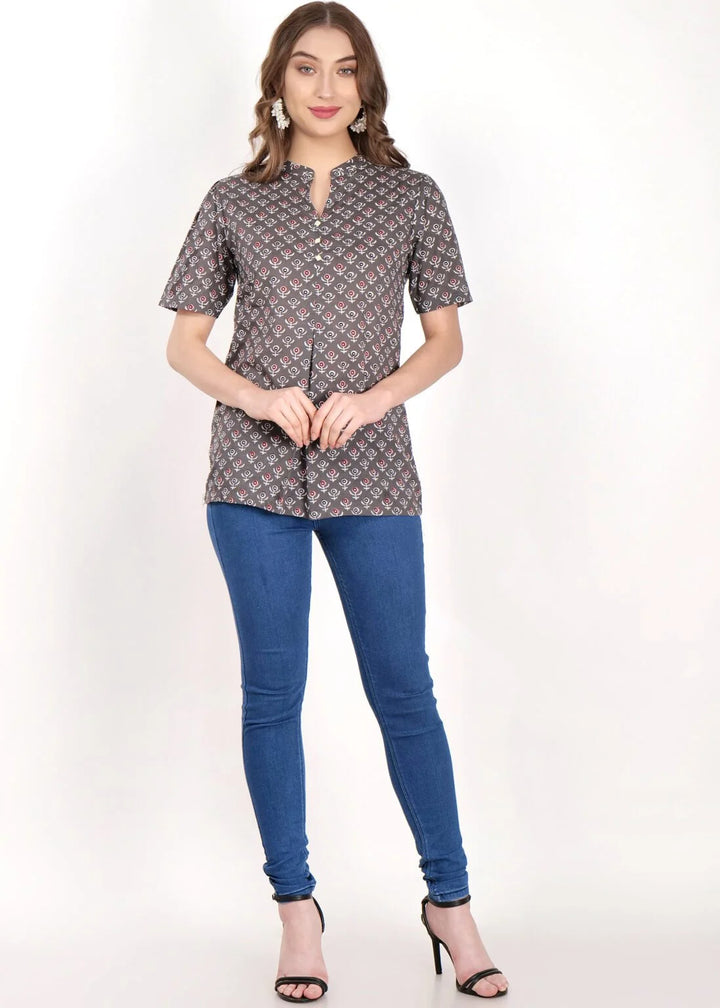 Grey Cotton Box Pleated Short Kurti