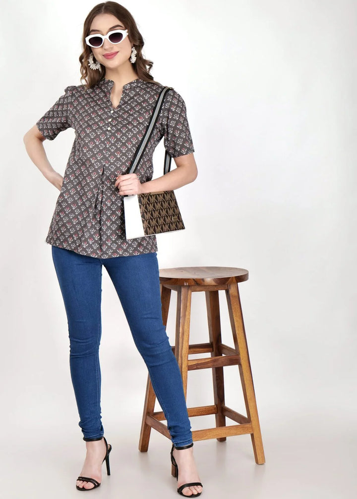 Grey Cotton Box Pleated Short Kurti