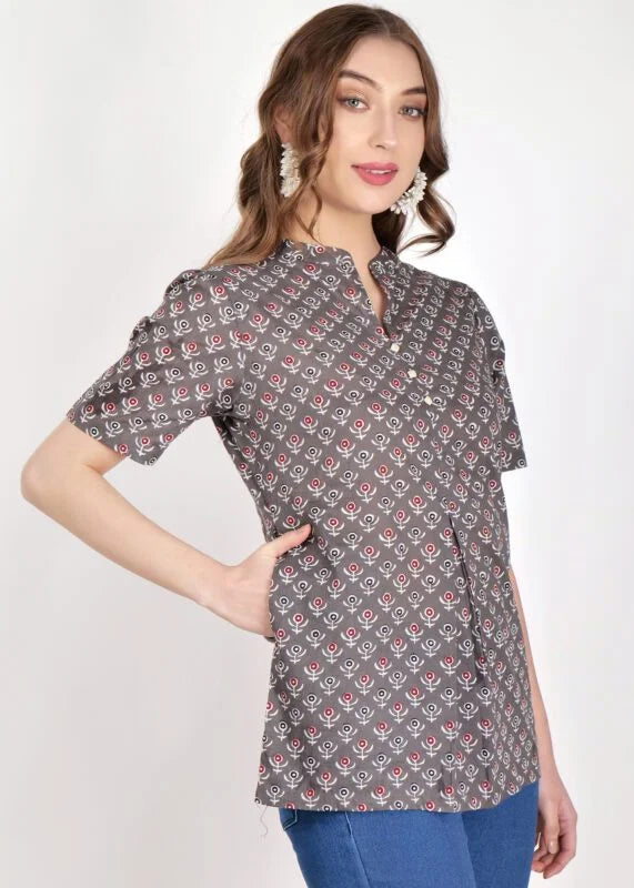Grey Cotton Box Pleated Short Kurti