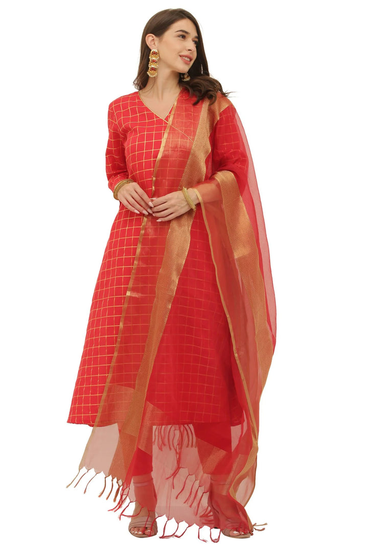 Red Cotton Angrakha Style Kurta