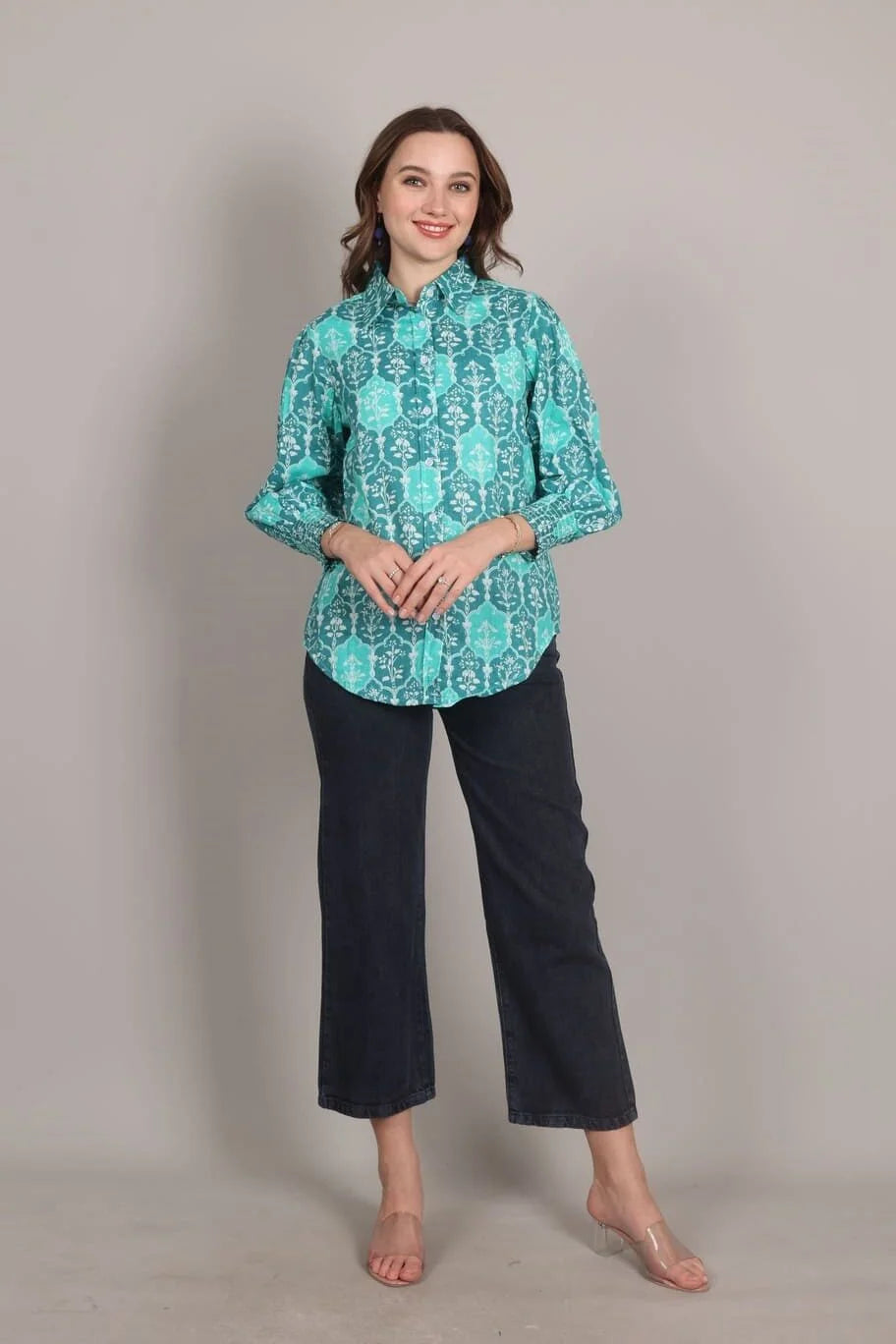 Turquoise colour Heritage Print Cotton Shirt
