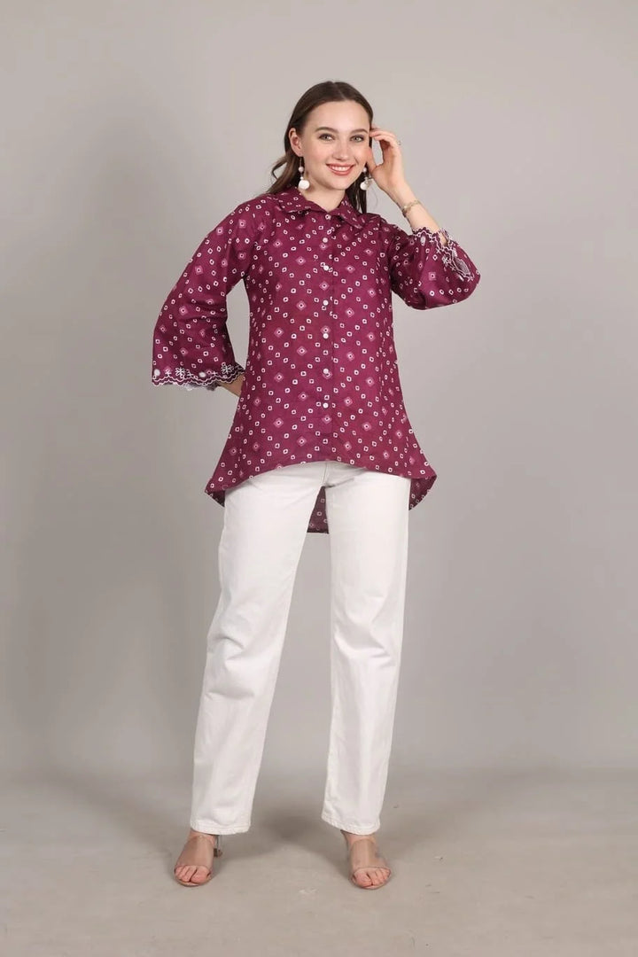 Wine Bandhani Print Embroidered Shirt