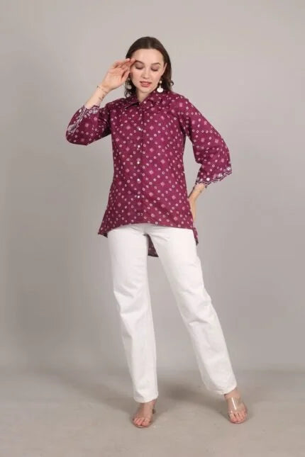 Wine Bandhani Print Embroidered Shirt