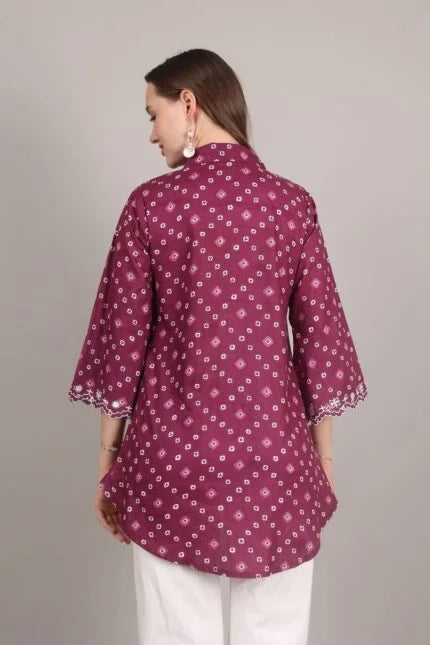 Wine Bandhani Print Embroidered Shirt