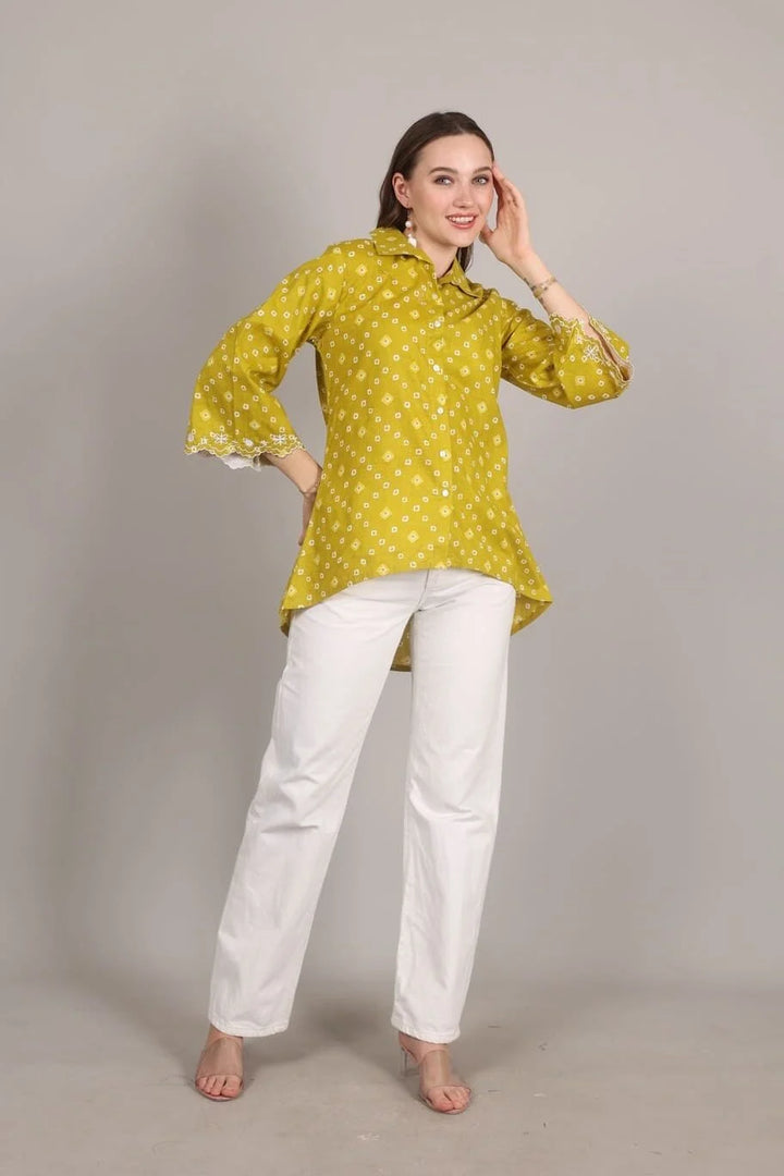 Mustard Colour Bandhani Print Embroidered Shirt