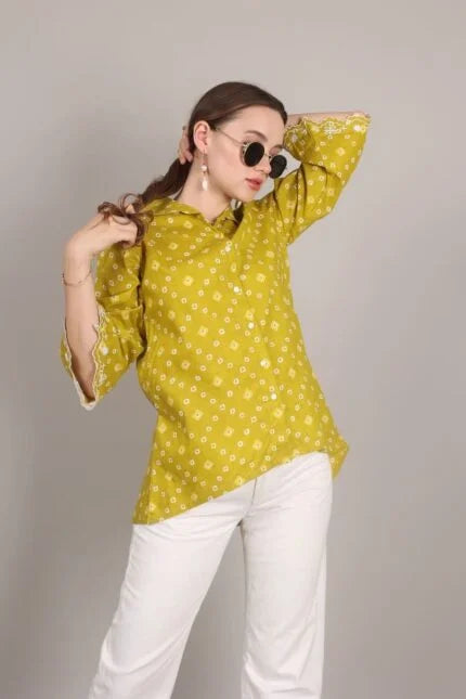 Mustard Colour Bandhani Print Embroidered Shirt