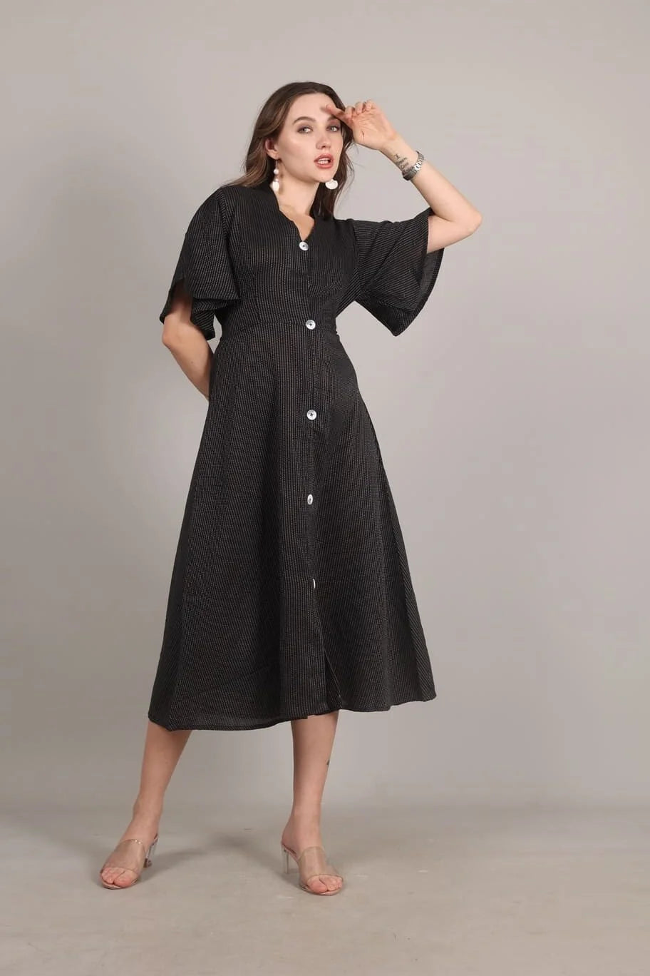 Bell Sleeves Black Kantha Work A line Dress