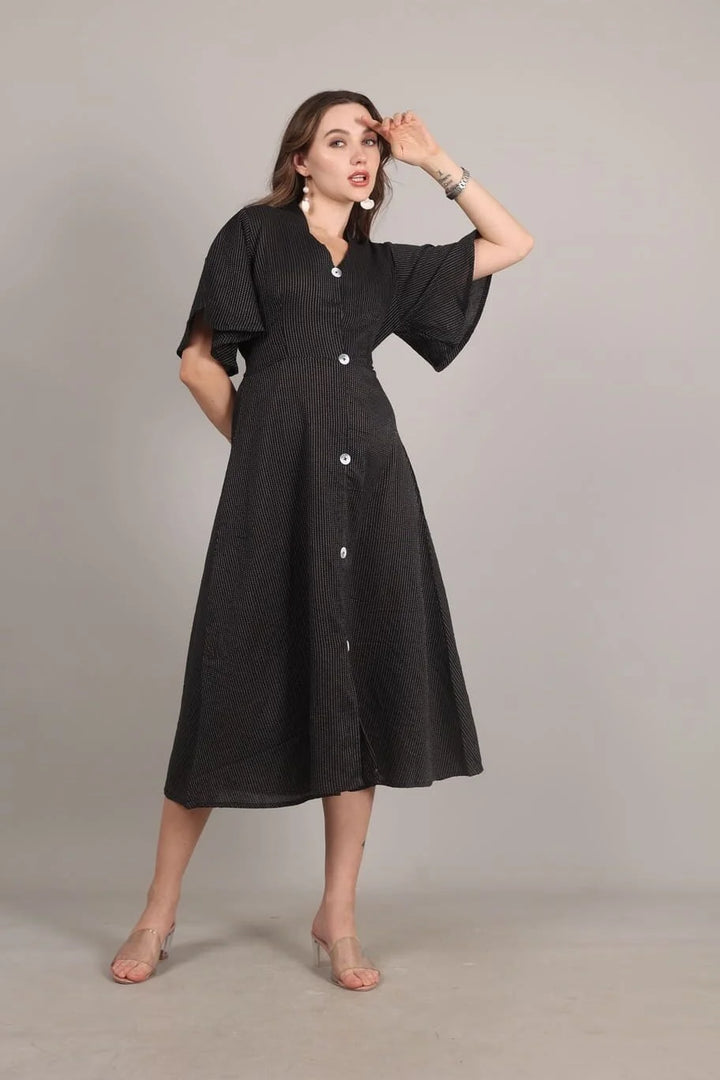 Bell Sleeves Black Kantha Work A line Dress