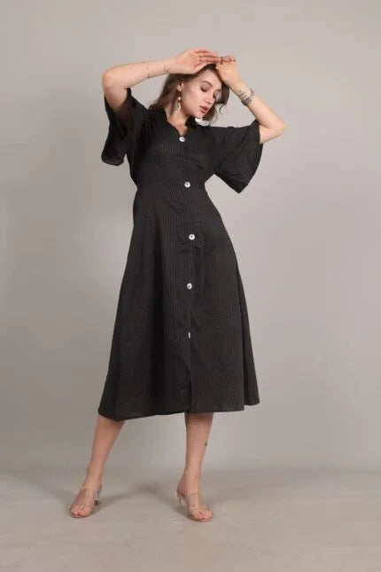 Bell Sleeves Black Kantha Work A line Dress