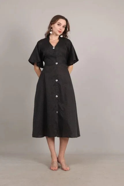 Bell Sleeves Black Kantha Work A line Dress