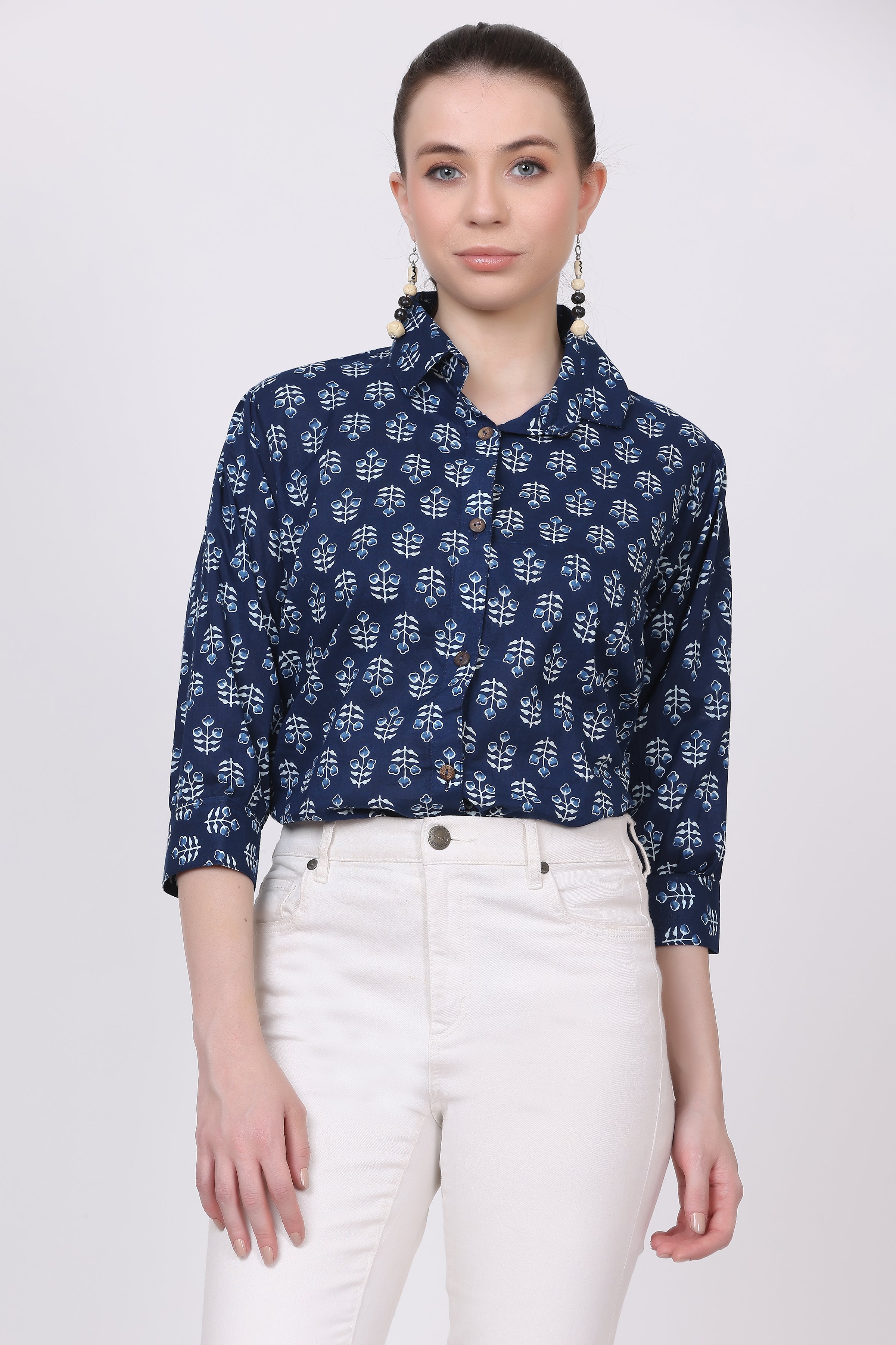 Cotton Shirt with 3/4 Sleeves