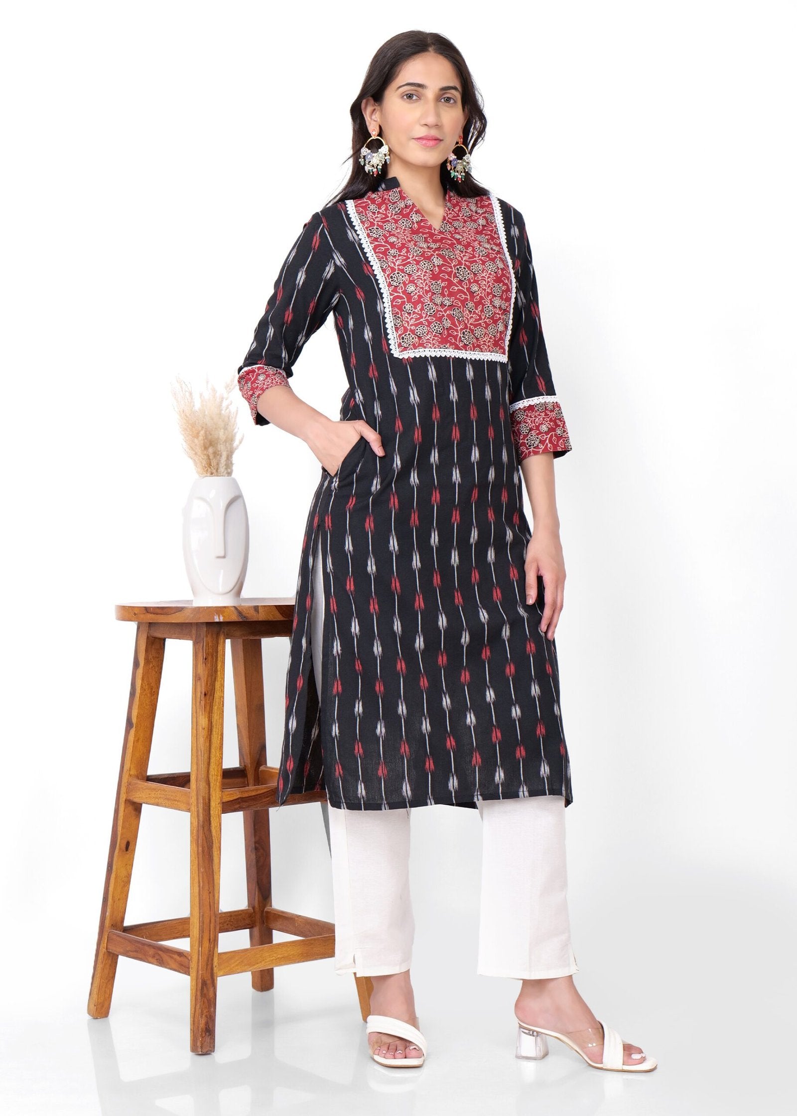Ajrakh Yoke Blue Ikat Straight Kurta