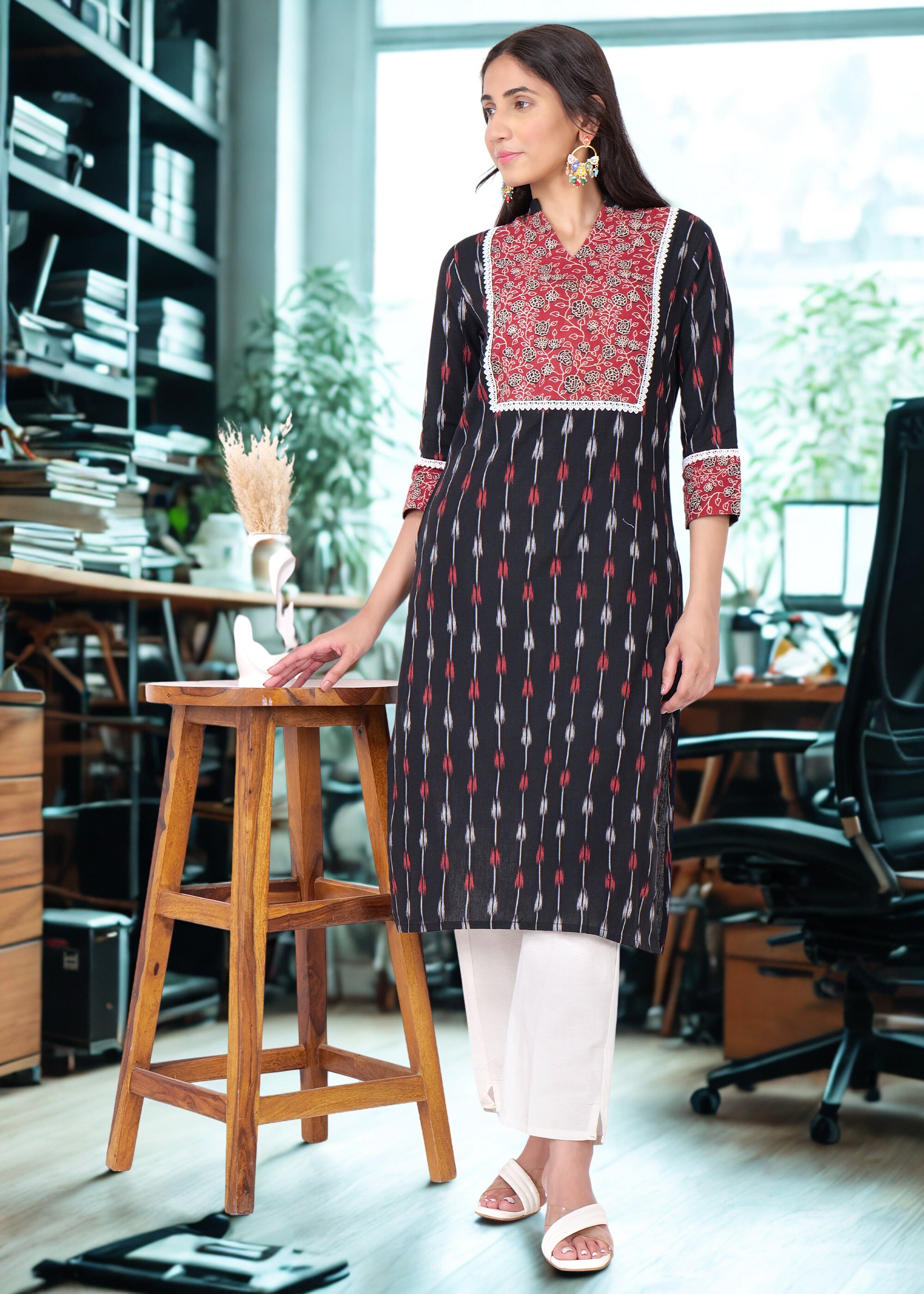 Ajrakh Yoke Blue Ikat Straight Kurta